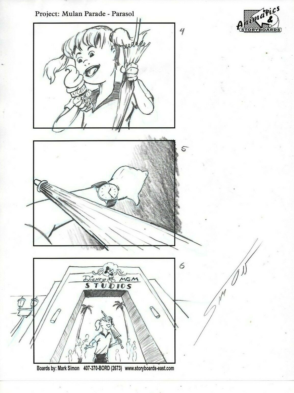 Mark Simon Hand Drawn Disney Mgm Studios Mulan Parade Storyboard Page Signed #ms